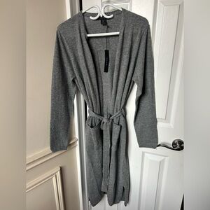 Tahari 100% Cashmere Side Slit Tie Waist Sweater Charcoal Grey